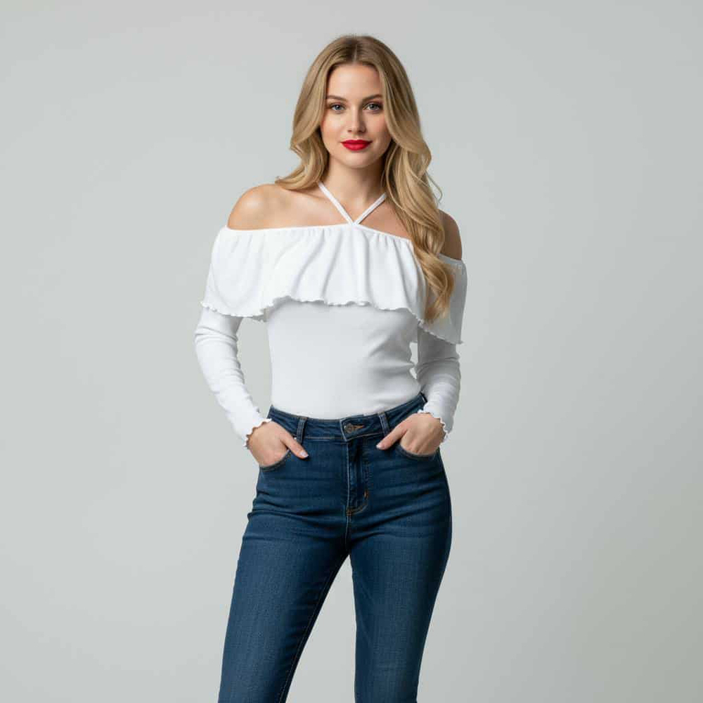 CHASER White Ruffle Off The Shoulder Flounce Strappy Neck Long Sleeve Top Medium